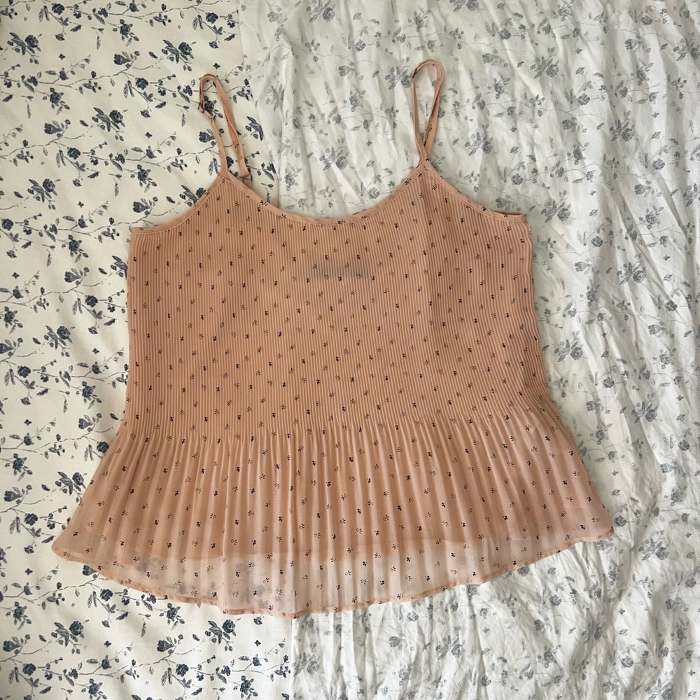 Abercrombie and Fitch salmon colored blouse with navy blue floral design